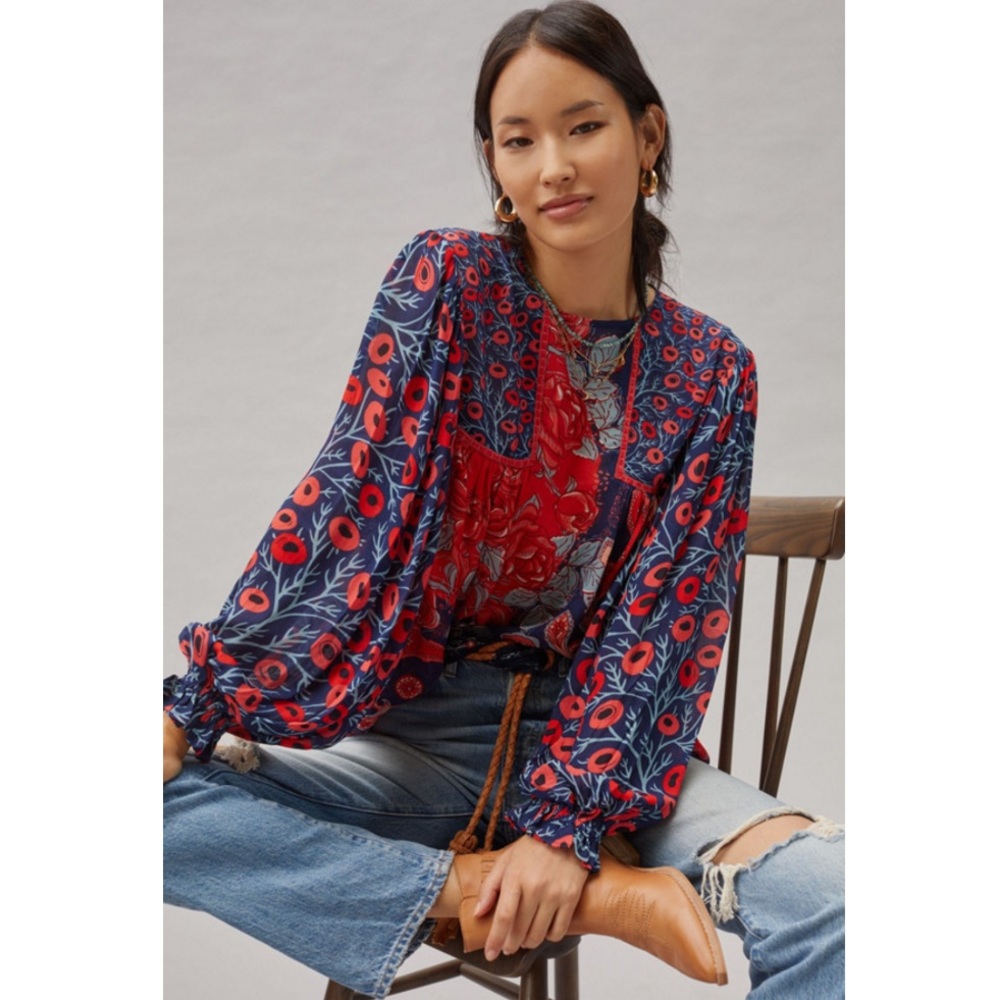 Anthropologie Bl-nk Miranda Peasant Blouse Mixed Rose Paisley Print Size Medium